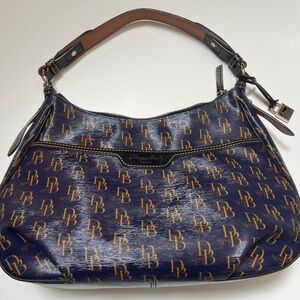 Dooney & Bourke Blue and Brown 1975 Collins Bag with gold logo Print